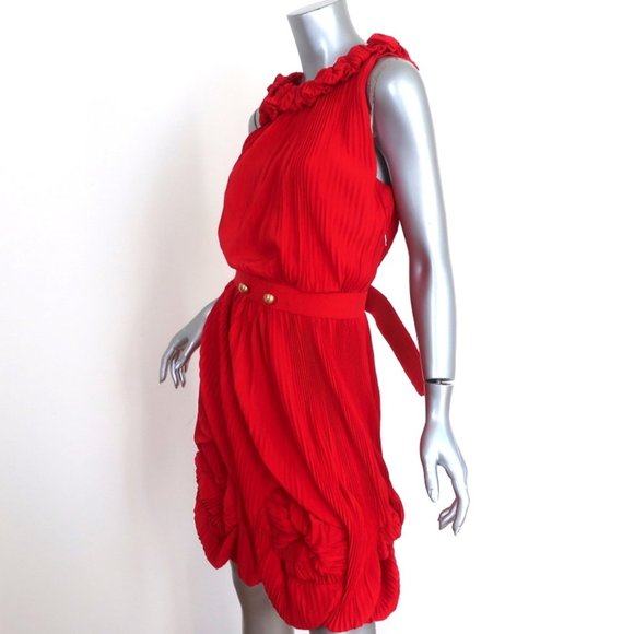 FENDI DRESS RED ACCORDION PLEATED SILK SIZE 40 SLEEVELESS BELTED - Picture 5 of 12